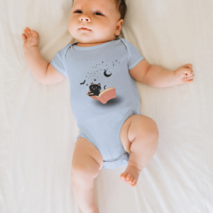 baby wearing a light blue onesie that has a cat and bat flying out of a book with stars and a moon cute halloween onesie