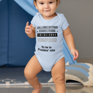 baby boy wearing a blue onesie that says halloweentown correctional conspiring to be too franken' cute family costume