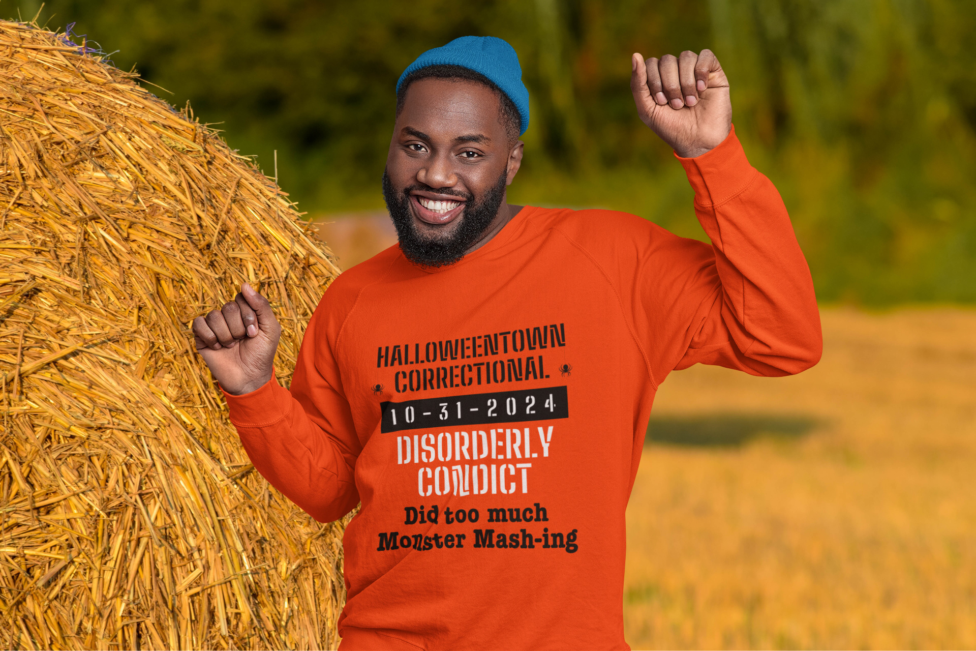 man dancing while wearing a shirt that says halloweentown correctional disorderly conduct did too much monster mashing