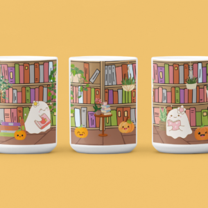 three mugs showing a scene of cute ghosts in a library fall halloween