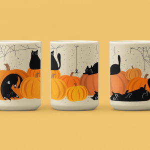 three mugs showing a scene of black cats with pumpkins and spider webs
