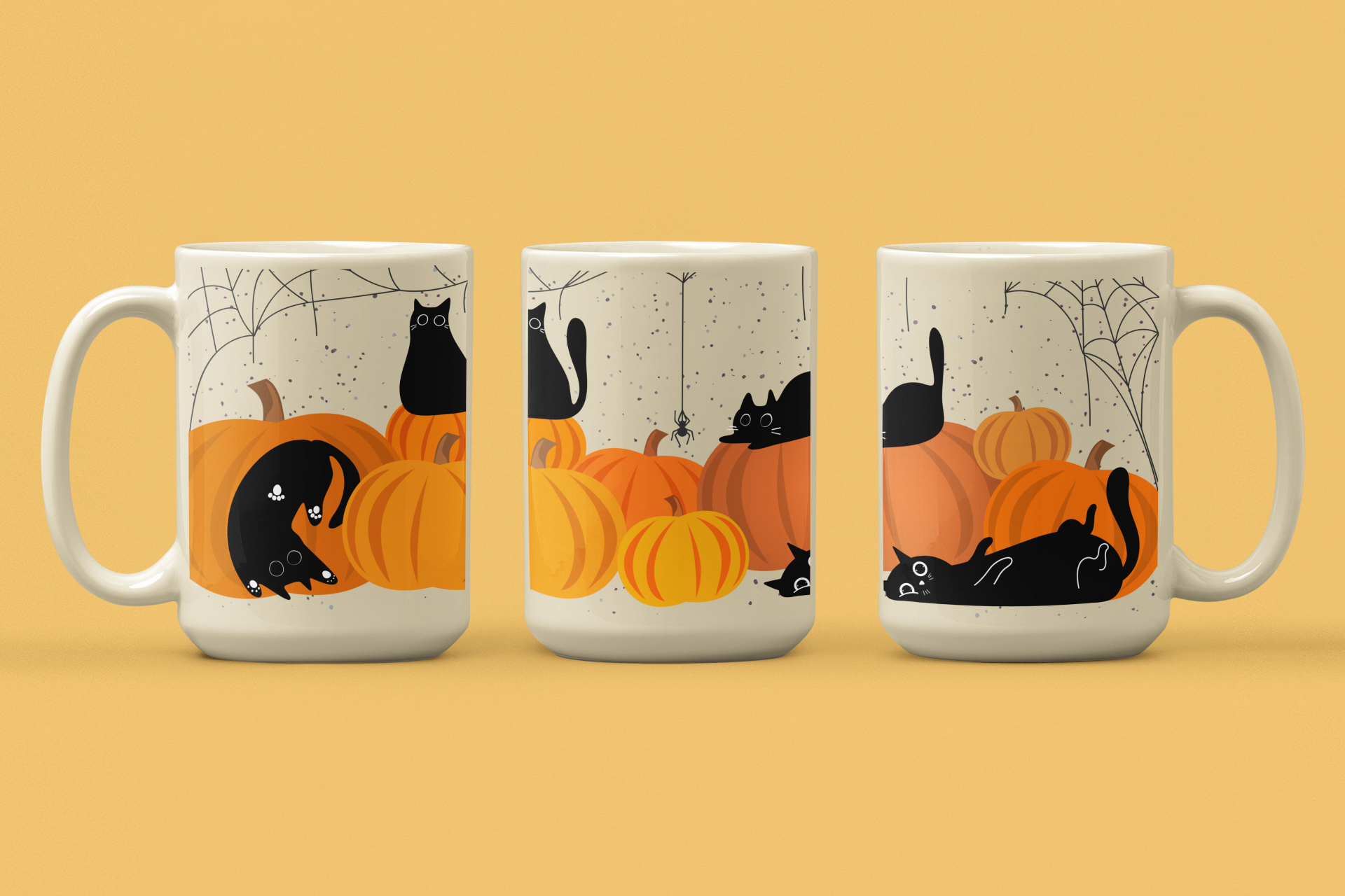three mugs showing a scene of black cats with pumpkins and spider webs