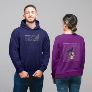 couple wearing shirts with the raven by edgar allan poe written on back
