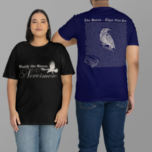 couple wearing shirts with the raven by edgar allan poe written on back